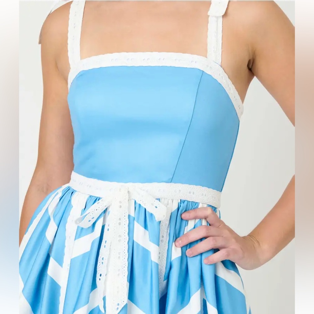 IN SEARCH OF…Unique Vintage 1950s Blue & White Chevron Eyelet Swing Dress, XL - Picture 2 of 4